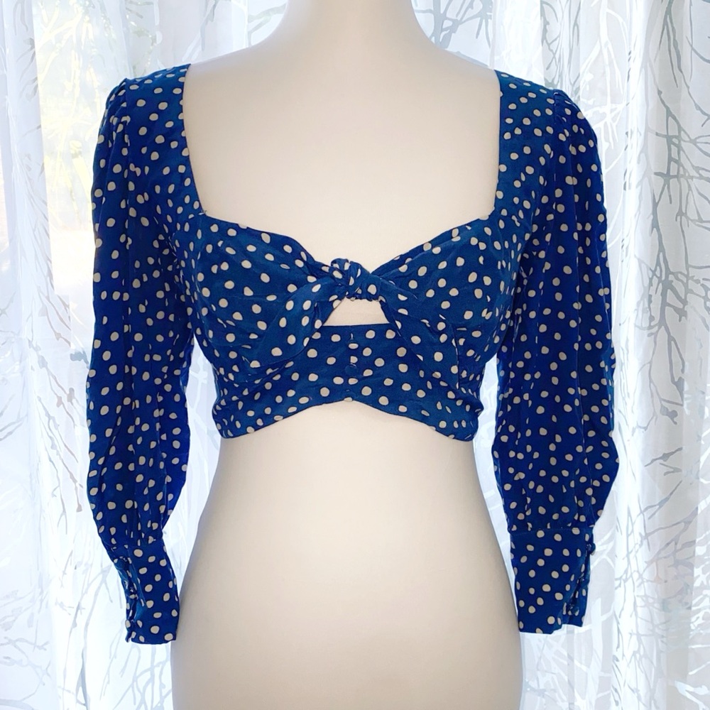 For Love & Lemons Blue White polka dot long Sleeve Crop Top
